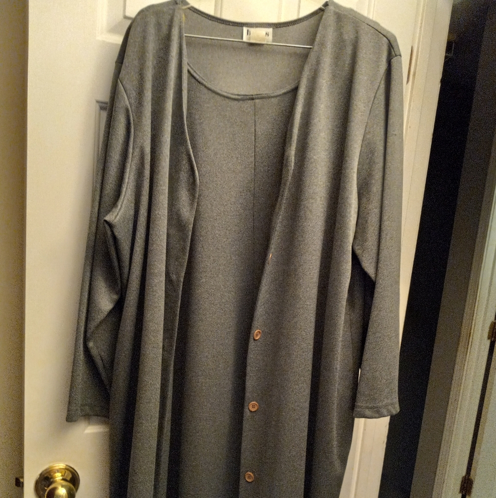 Grey, long-sleeved, 2-pc jacket set.